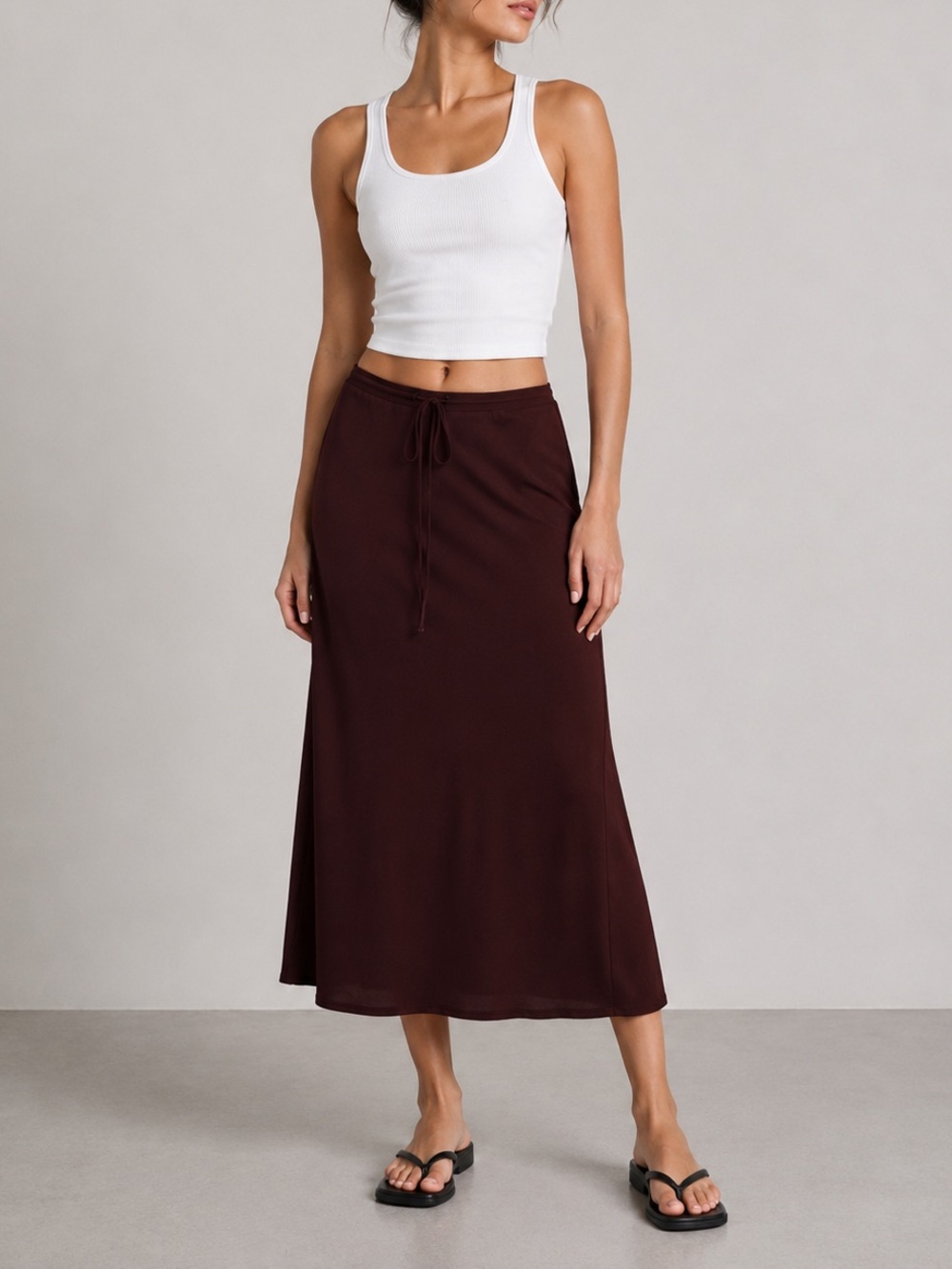 Abercrombie & Fitch Satin Maroon Drawstring Slip Midi Skirt - Picture 7 of 7